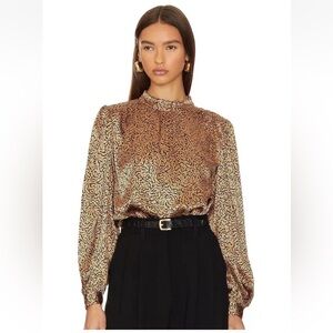 FRAME $398 100% SILK Shirred Mock Neck Blouse in Beige Multi NET SIZE SMALL